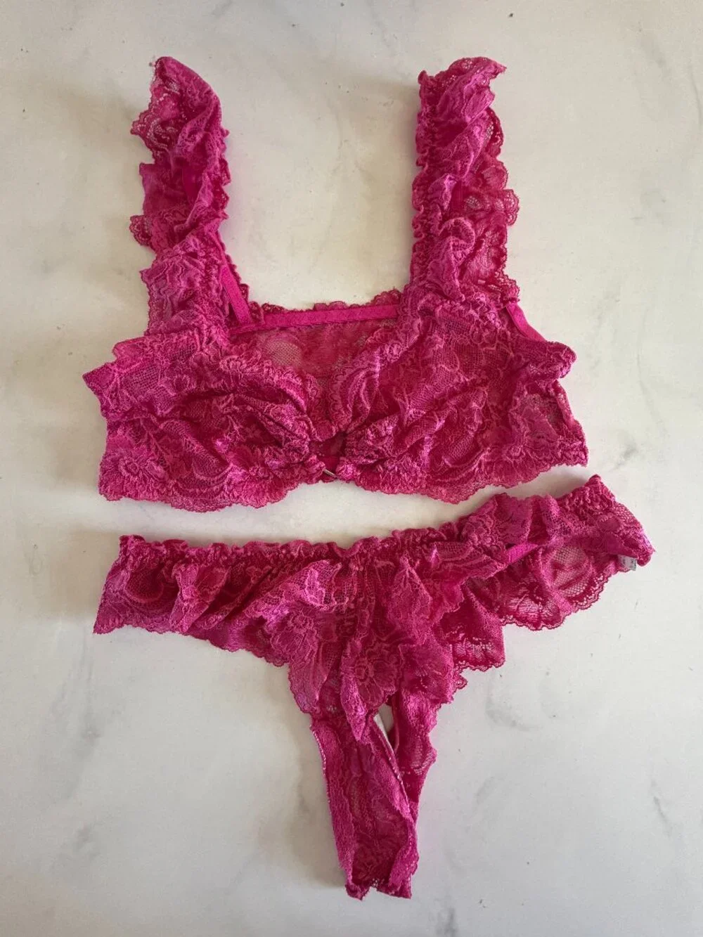 Sexy Shein Floral Lace Heart Ruffle Bralette & Panty Set Pink